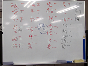 ホワイトボードに25近くの漢字と書く漢字の横に投票数が書かれている