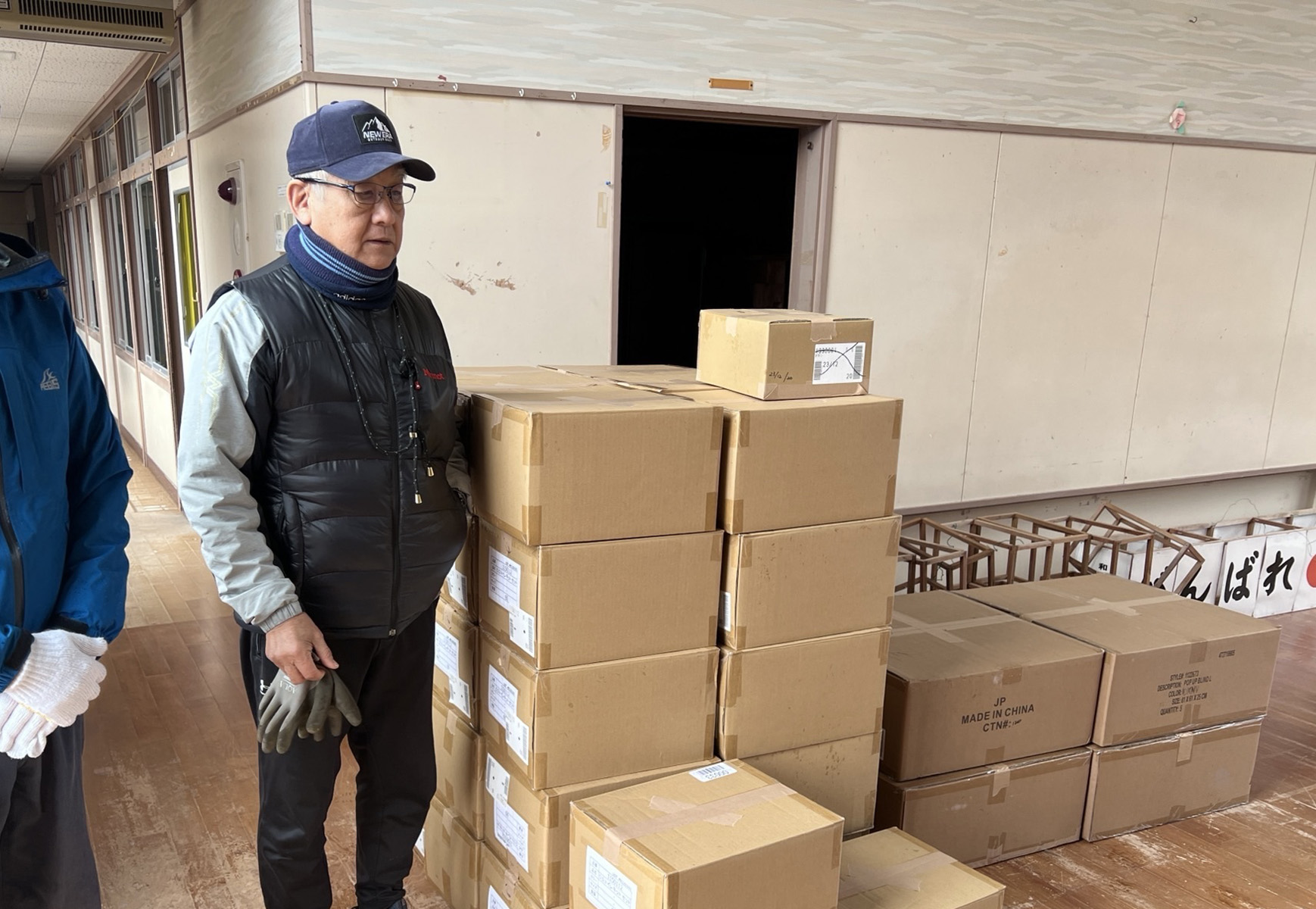 Relief supplies from Montbell brought to an office for the disabled in Nanao City, Ishikawa Prefecture, January 7, 2024.