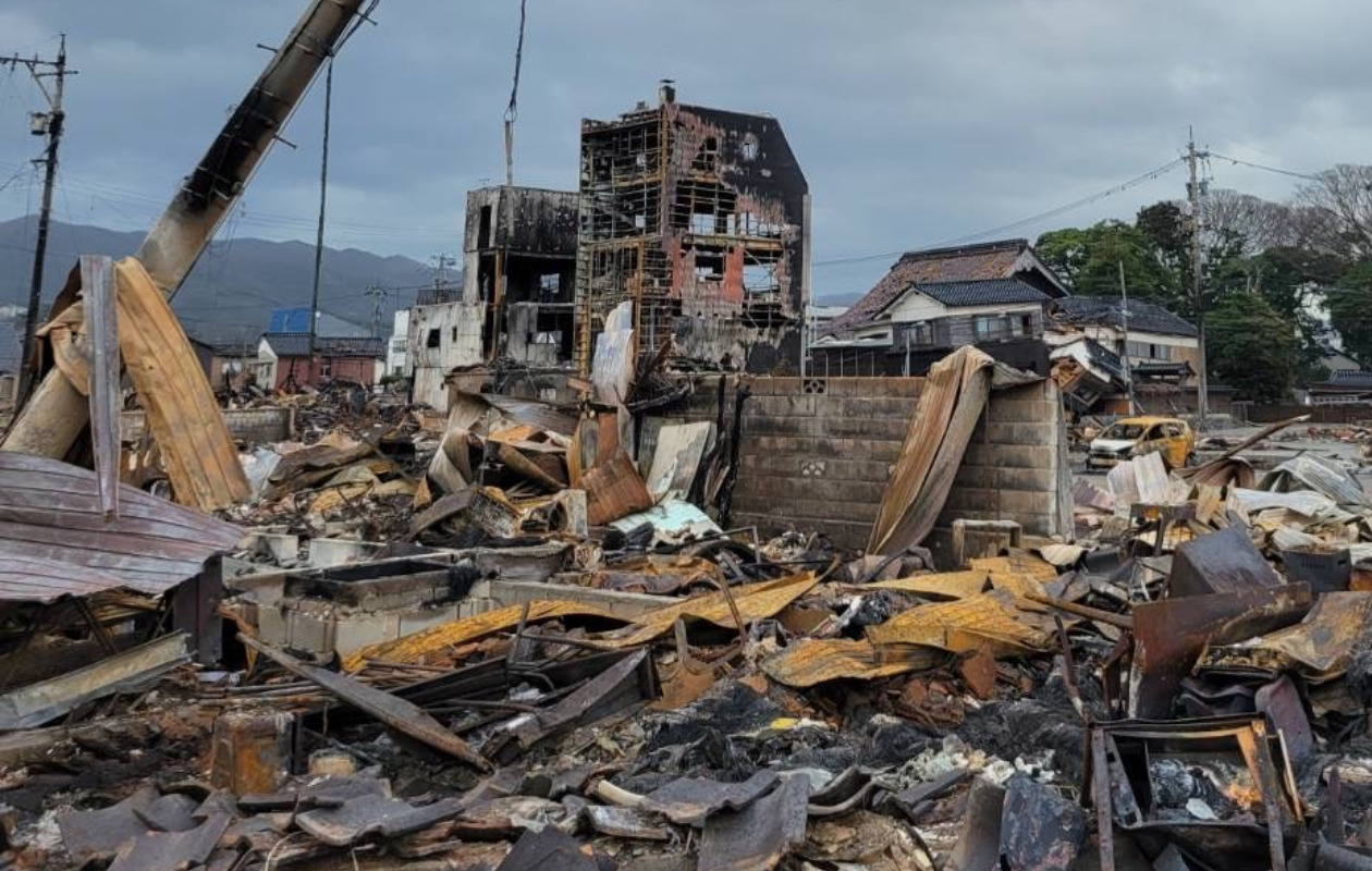 Devastated city of Wajima. Many buildings heavily amaged by the earthquake and fire.