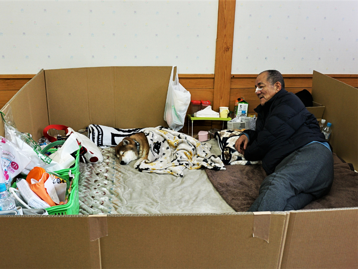 A man lying on a cardboard bed with a dog