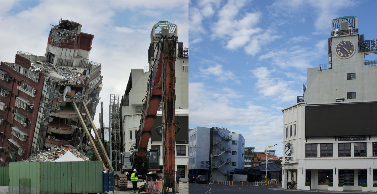 comparison of a building collapsed by the earthquake. Before and after of its reconstruction