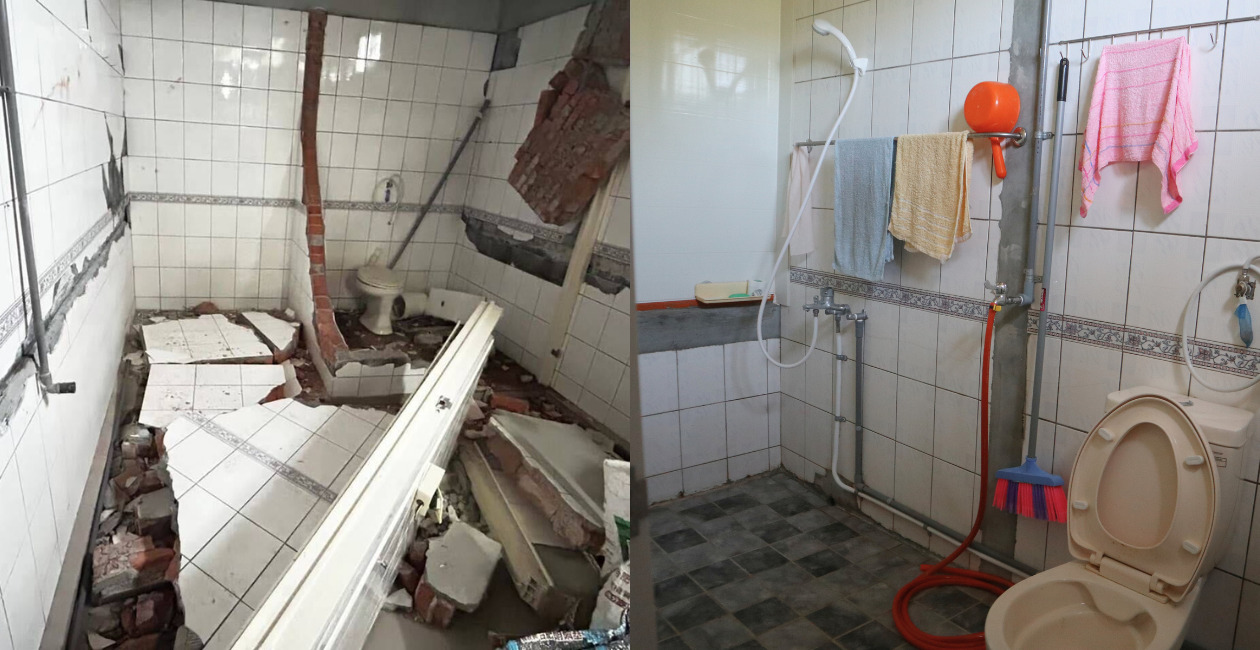 comparison of a latrine damaged by the earthquake. Before and after of its repair