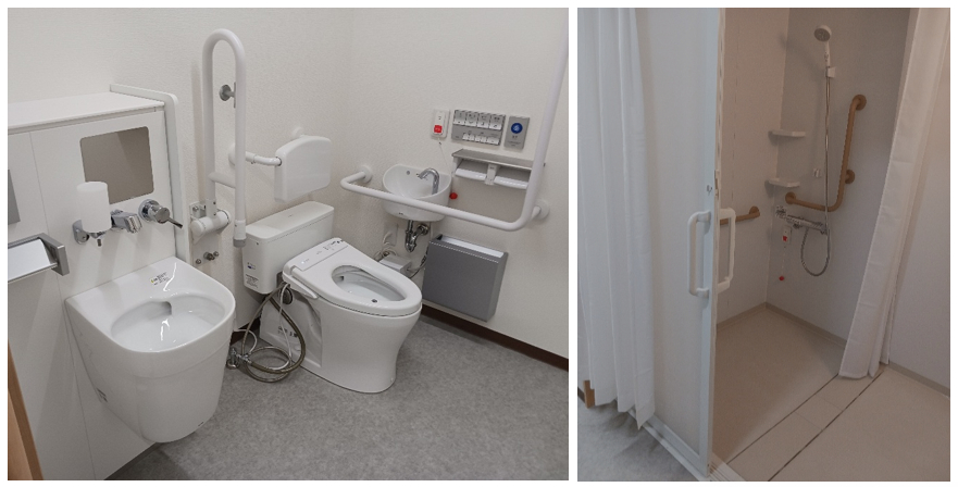 An accessible restroom (left) and a shower room with no step at the entrance (right)