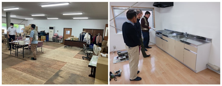 The workplace floor before repairs (left) and the interior after repairs