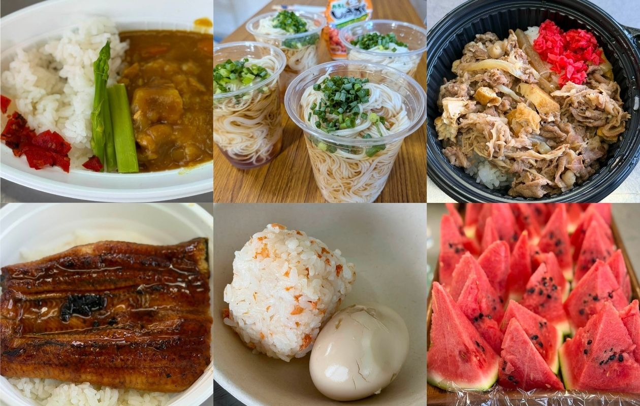 Meals served, including vegetable curry, Somen noodles (thin wheat noodles), beef bowl, Unadon (grilled eel rice bowl), a rice ball, a seasoned boiled egg, and watermelon
