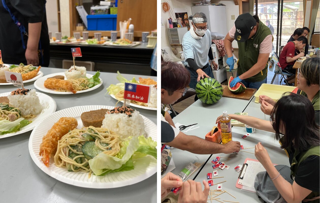 （左）插著寫有「熊本加油」台灣旗幟的供餐午餐。（右）幫忙製作旗幟並準備甜點西瓜的MSM成員