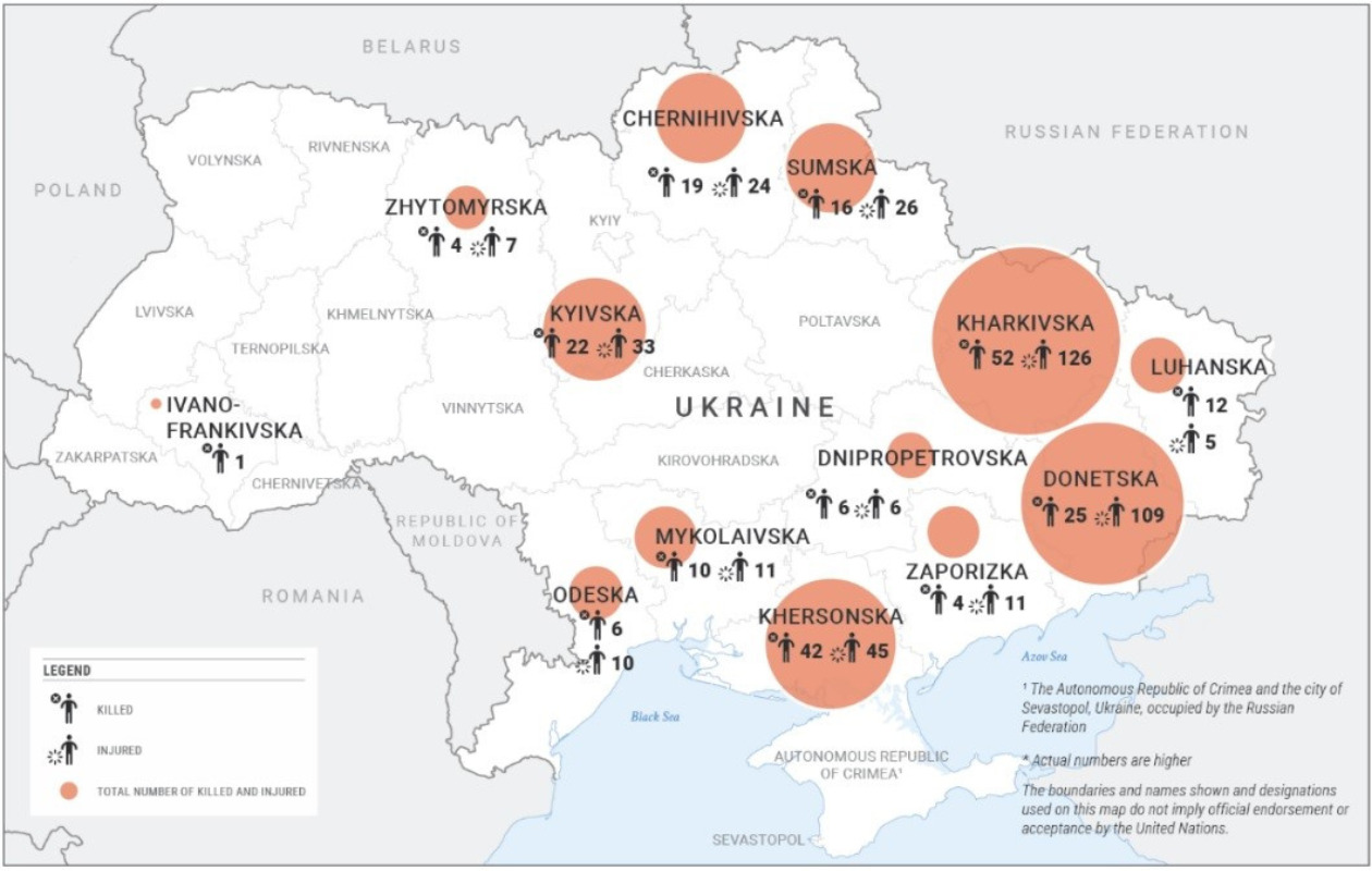 ウクライナの地雷・残留爆発物による死傷者の地域分布についての写真東側、戦線に近いほど分布が大きくなる。