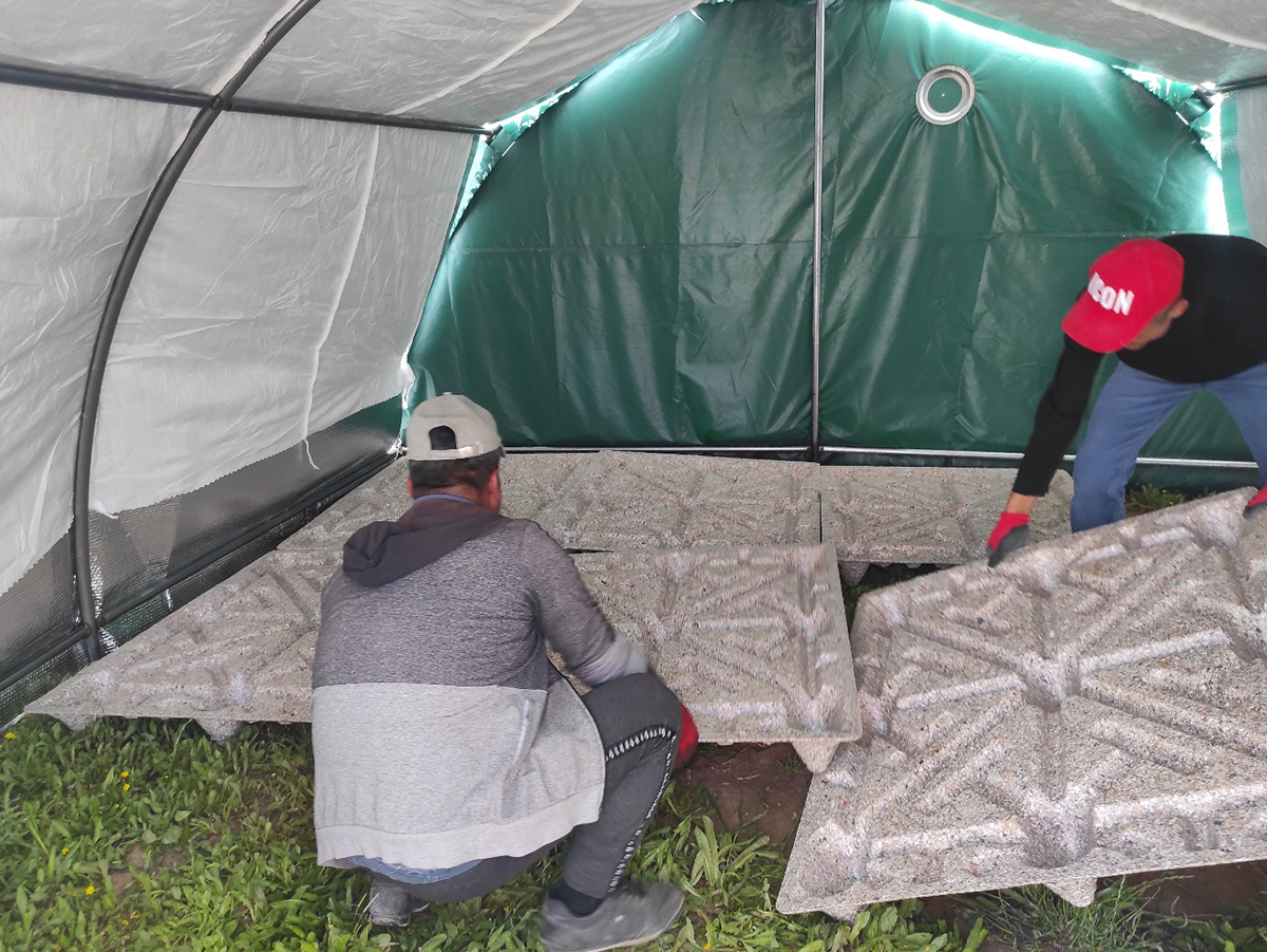 男性2人が、テントの中で、雑草の生えた土の上にパレットを並べている