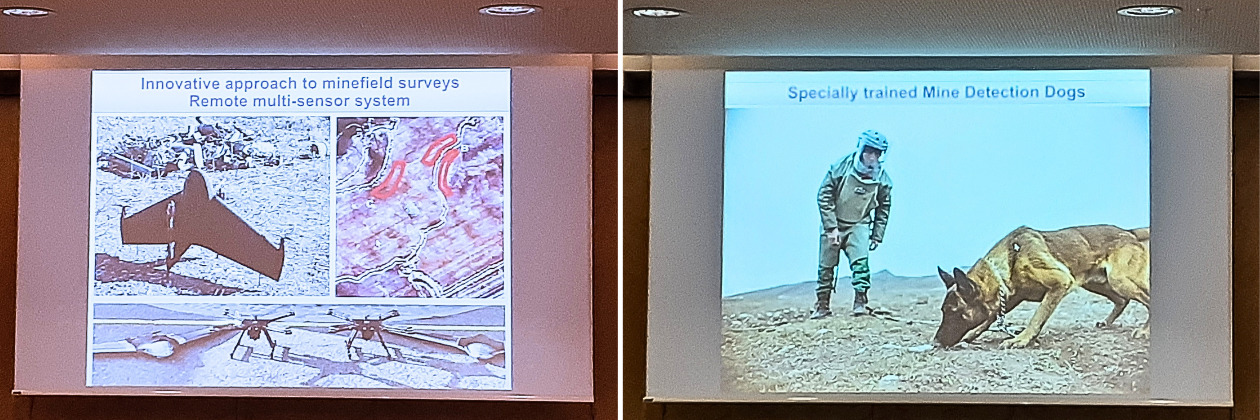 会合で紹介されたスライド。左がドローン、右が除去犬の写真