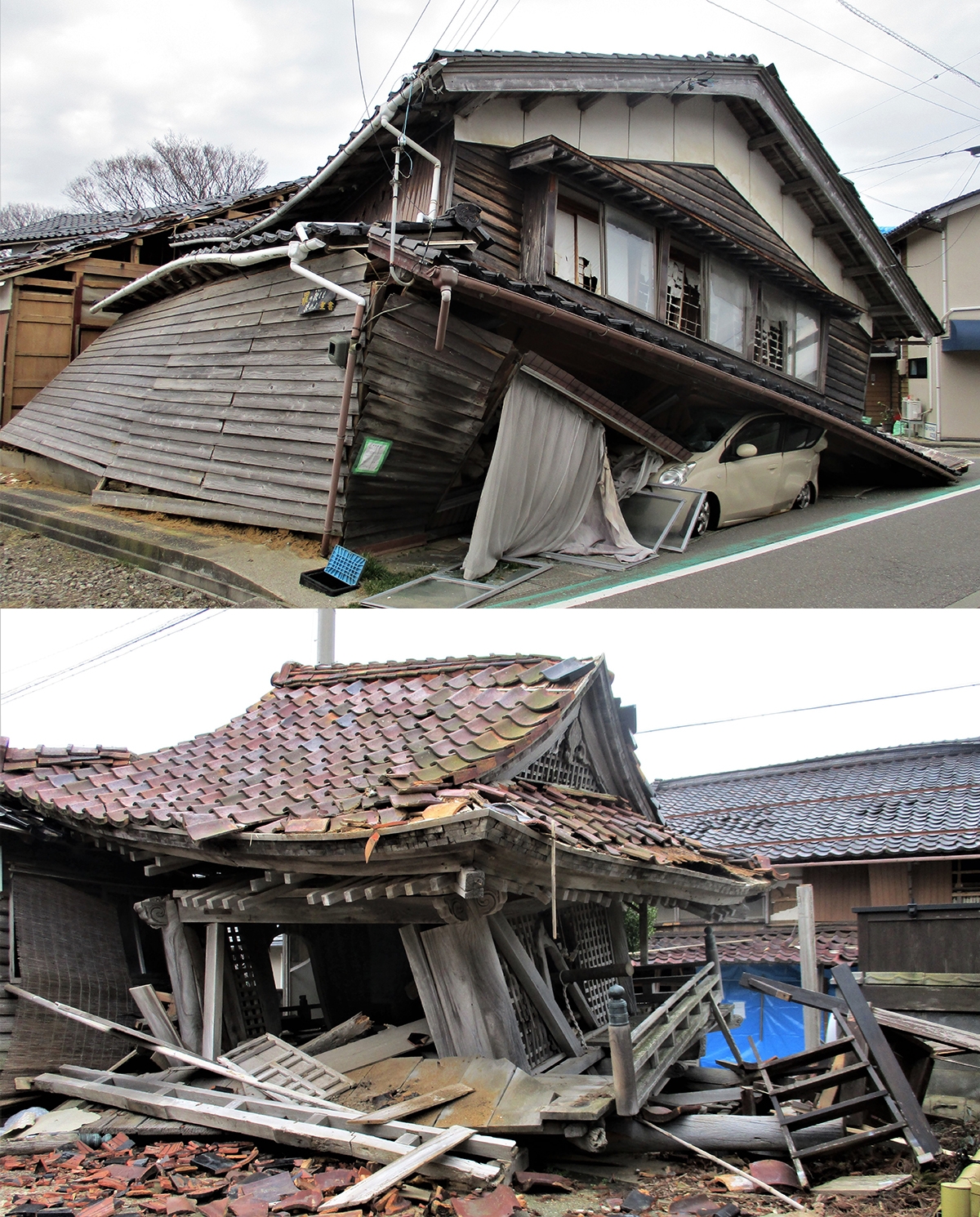 倒壊した家屋、寺院の写真が上下に並んでいる