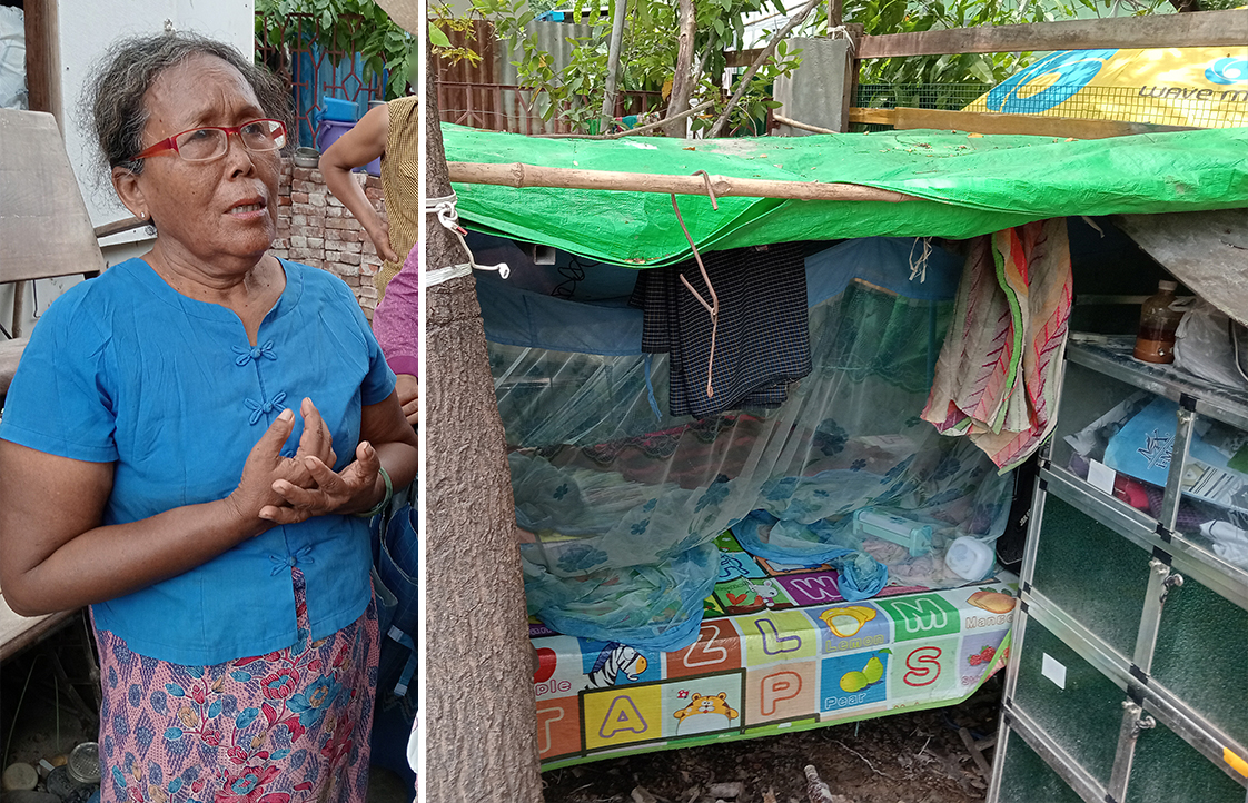 女性とビニールシートの屋根の下にある簡易ベッド