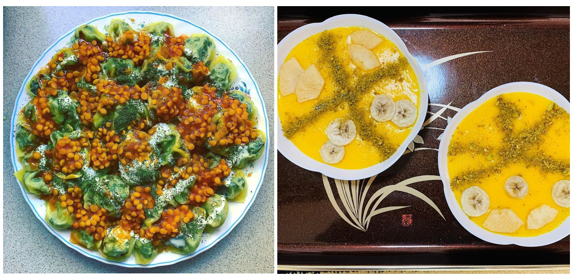 アフガニスタンの家庭料理、オシャク（左）とマンゴーフィルニ