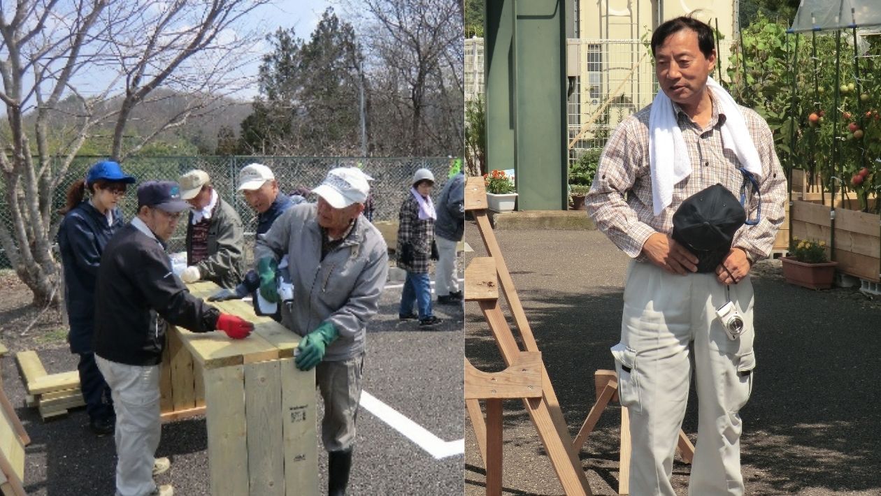 写真2枚。1枚は棚づくりの作業をする男性。右は作業着の廣野さん写真