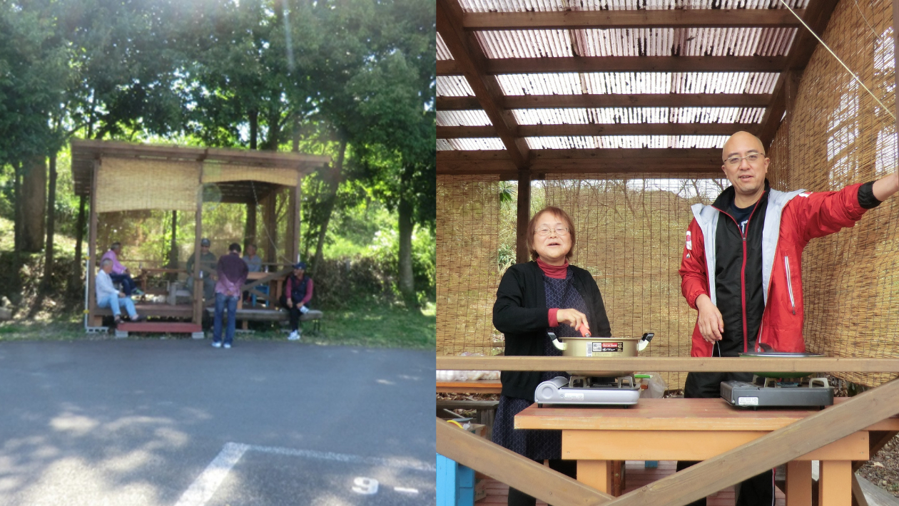 写真2枚。左が東屋。男性数名が壇上。右は東屋の中にいる大原と天野さん