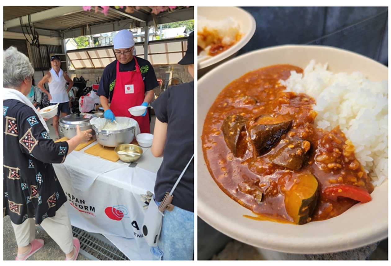 右が炊き出しをするAARスタッフ、左がカレーの画像